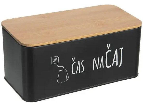 dóza plech. 20,3x10,3x9cm, ČAJ, BLACK, plech/bambus