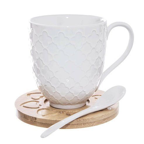 hrnek 370ml-2ks-WHITELINE+lžička porcelán, podš.bambus
