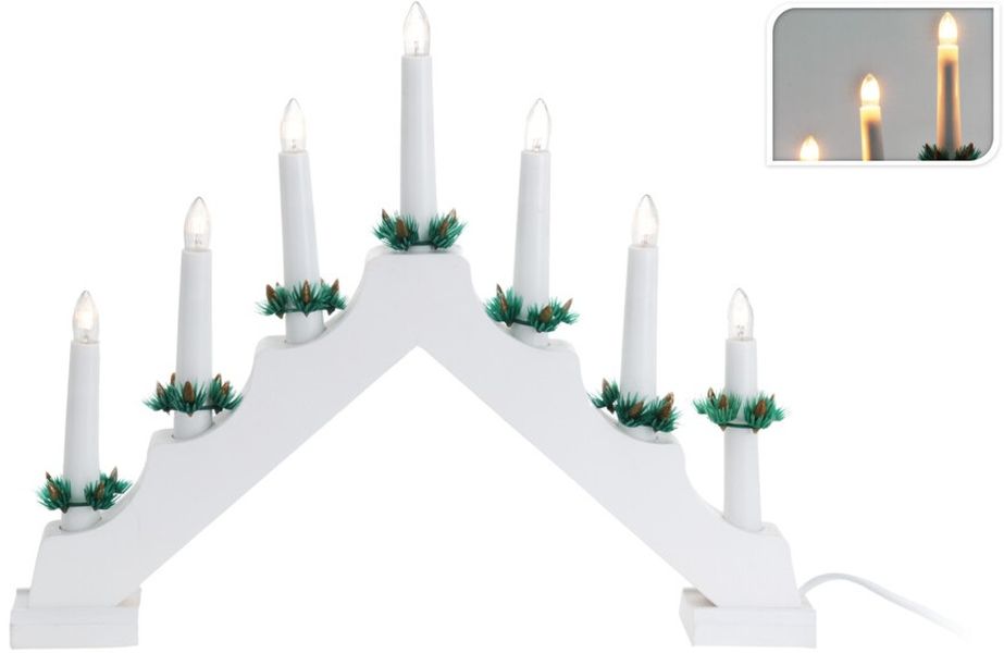 svícen vánoční 41x30x5cm, 7ramenný, žárovky, bílý, dřevo