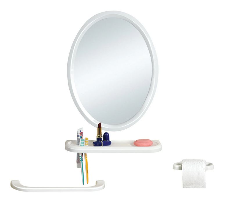 zrcadlo 50x39cm ovál+polička+2držáky-mýdlo,ručník  plast.rám